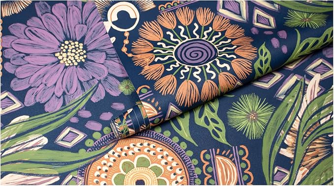 HAOKHOME Peel and Stick Wallpaper Boho Navy Purple Terracotta Retro Floral | Renter Friendly Removable Textured Vintage Moody Botanical Wall Paper for Bathroom Bedroom Accent Wall Decor 17.3in x 9.8ft