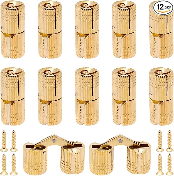 12mm Brass Barrel Hinges Cylindrical Hidden Cabinet Concealed Invisible Furniture Hinges Mount 180 Degree Opening Angle 12Pcs