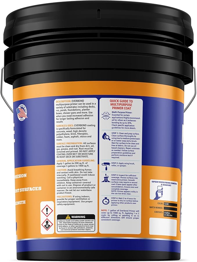 Everbond Multipurpose Primer - Primer for Roof Coatings - Use on EPDM Rubber, Wood, Fiberglass, Concrete, and Metal Surfaces - Easy to Apply on RVs, Campers, and Trailers - 4.75 Gallons