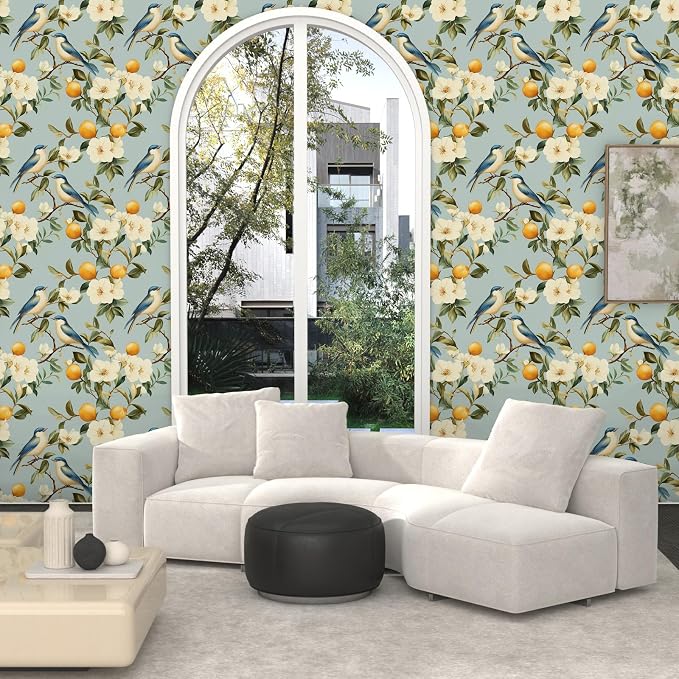 Blue Bird Peel and Stick Wallpaper, Vintage Beige Floral Fruits Contact Paper, Retro Botanical Wall Paper 17.5" x 118" Self Adhesive Removable Waterproof for Bedroom Shelves Cabinet Drawer Table