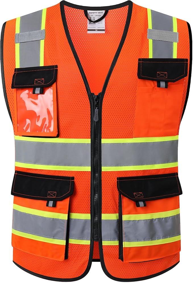 JKSafety Hi Vis Reflective Safety Vests for Men Women High Visibility Vest with Pockets Mesh Fabric Construction Safety Apparel Neon Vest for Work (220-Orange 5XL)