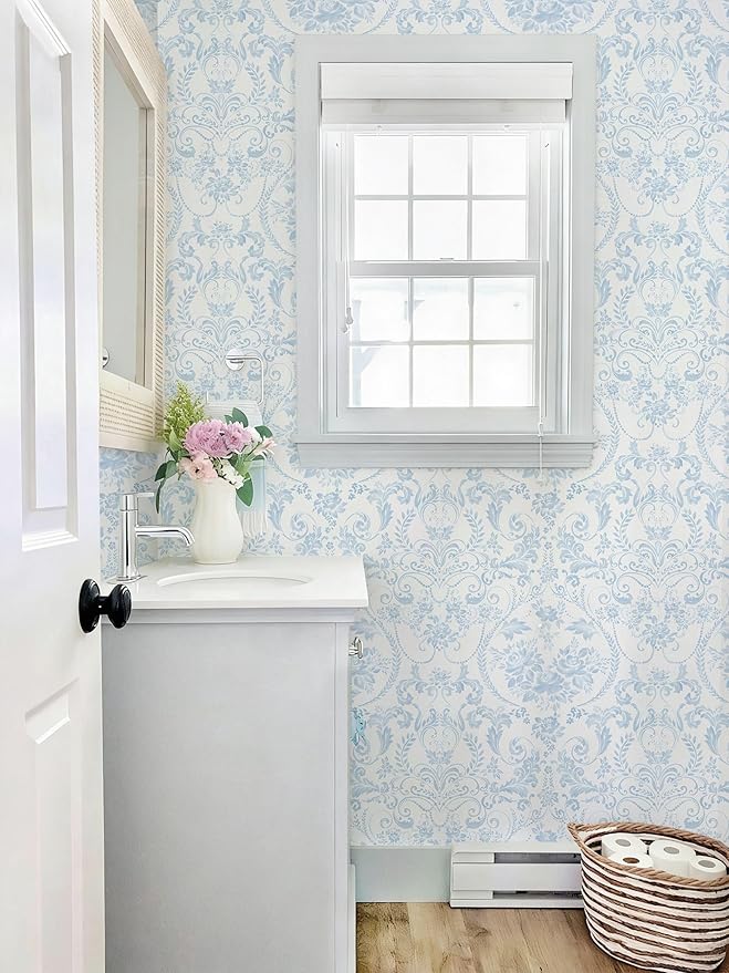 Ismoon Blue and White Wallpaper Floral Peel and Stick Wallpaper 17.3in x 16.4ft Vintage Damask Blue Contact Paper Boho Removable Watercolor Wall Paper for Bedroom Bthroom Kitchen Décor Vinyl