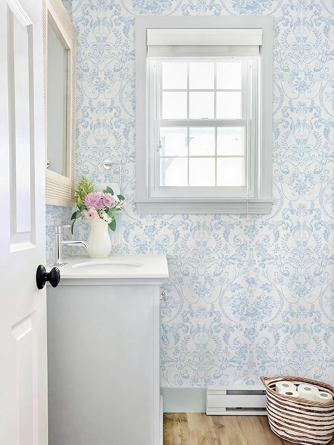 Ismoon Blue and White Wallpaper Floral Peel and Stick Wallpaper 17.3in x 32.8ft Vintage Damask Blue Contact Paper Boho Removable Watercolor Wall Paper for Bedroom Bthroom Kitchen Décor Vinyl