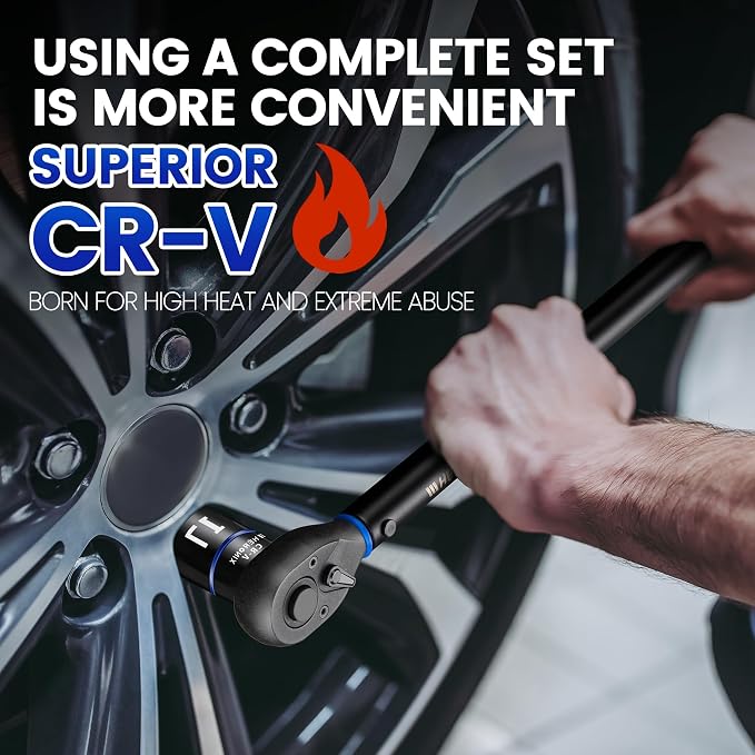 13PCS 1/2-Inch Drive Click Torque Wrench Set (30-300 ft-lb / 40.7-406.8 Nm), Tire Change Kit with 1/2" Breaker Bar, 5" Extension & 10 Metric/SAE Sockets for Auto, Truck & Lug Nut Repair