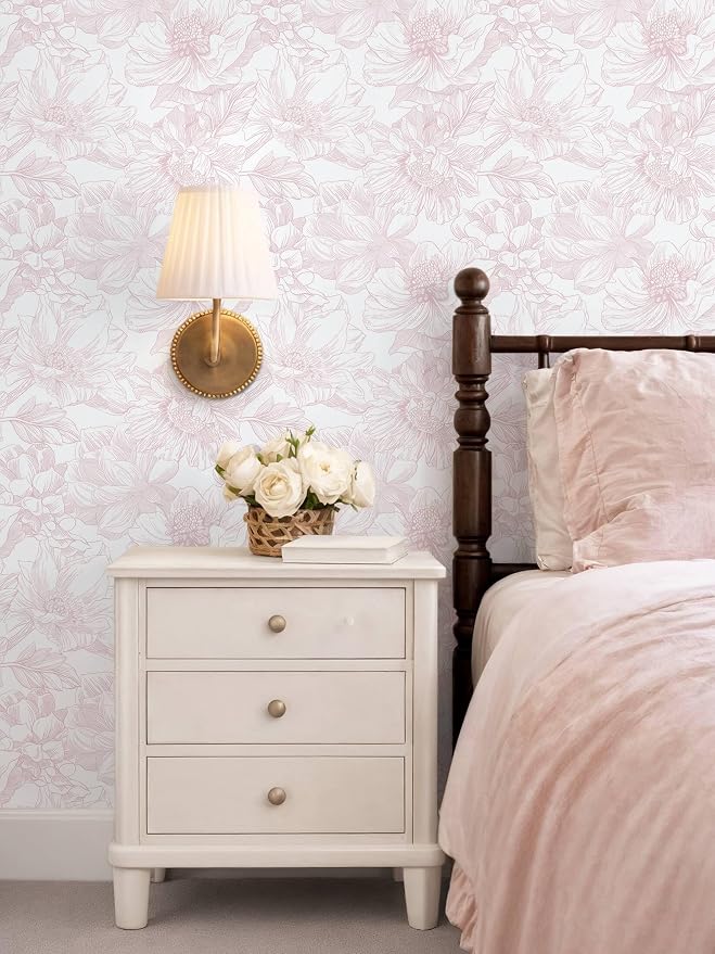 Ismoon Large Floral Peel and Stick Wallpaper Boho White/Pink Contact Paper 17.3inx6.5ft Removable Self Adhesive Bedroom Cabinet Mural Wall Decor Vinyl Roll