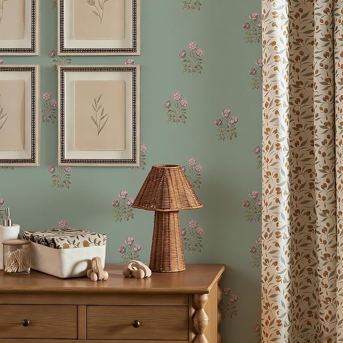 17.3" x 196.8" Vintage Floral Wallpaper Peel and Stick Boho Wallpaper Removable Waterproof Green Rose Pattern Contact Paper for Bedroom, Bathroom, Home Wall