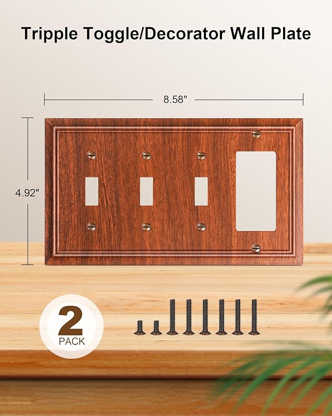 2-Pack Combo Tripple Toggle/Decorator Outlet Cover Plate, Wood Grain Decorative Switch Plates and Outlet Covers, Durable Natural Bamboo Fiber Wall Plates for Electrical Outlet, Receptacle, GFCI Outlet