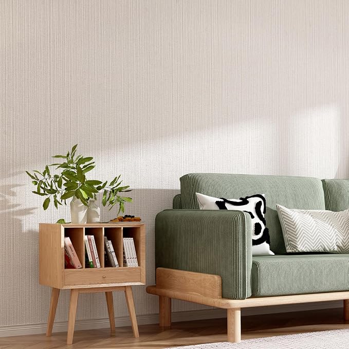 Beige Faux Grasscloth Wallpaper Peel and Stick Linen Textured 24"x394" Upgraded Thick Self-Adhesive Waterproof Neutral Decorative Contact Paper Vinyl Film Roll for Wall Bedroom Kitchen