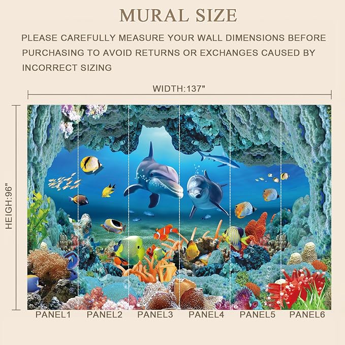 MFWFM Ocean Wallpaper Peel and Stick Underwater 3D Dolphin Wall Murals | 137"x96", for Bedroom Living Room Bathroom, Self Adhesive Canvas