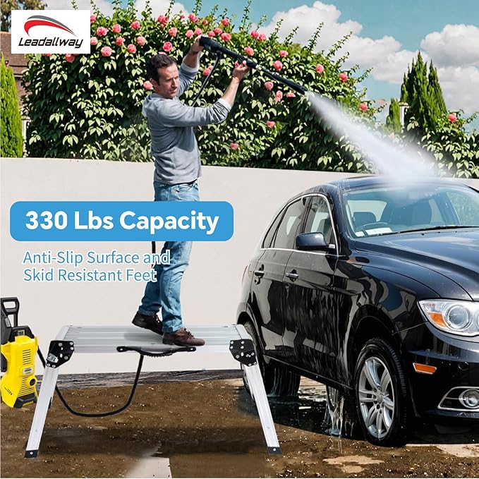 LEADALLWAY Aluminum Work Platform Step Ladder with Handle Heavy Duty Foldable Step Stool 330 Lbs Capacity Silver