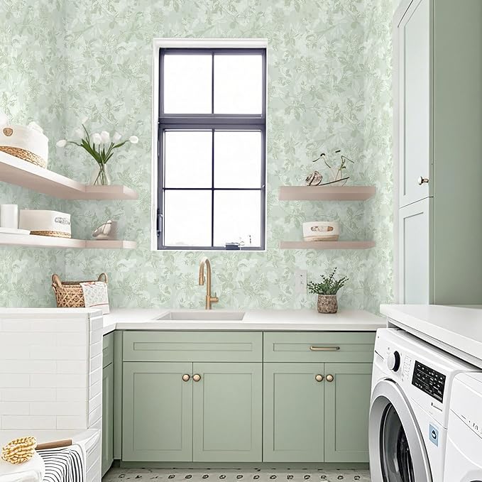 17.3" X 78.7" Peel and Stick Wallpaper Floral Boho Green Contact Paper Bird Cute Girl Modern Wall Paper Renter Friendly Waterproof Removable Self Adhesive Bedroom Kitchen Dorm Cabinets Vinyl
