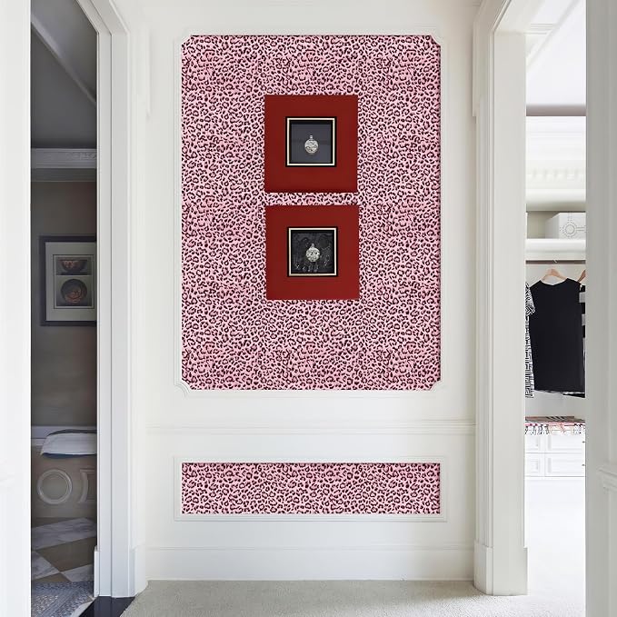 Leopard Print Peel and Stick Wallpaper, Waterproof Removable Self Adhesive Textured Wall Paper, Black and Pink Unique Funky Cheetah Contact Paper for Bedroom and Bathroom 480"X17.3"(57.6 sq. ft)