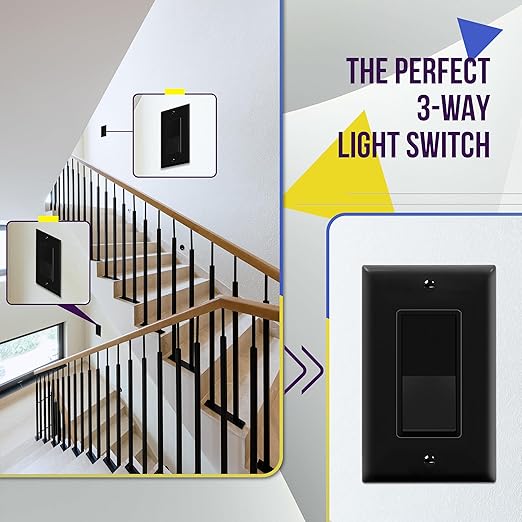 ENERLITES Decorator Switch with Wall Plate, Paddle Light Switch, 3-Way or Single Pole, 3 Wire, Grounding Screw, Residential Grade, 15A 120V, UL listed, 93150-BKWP, Black with Wall Plate