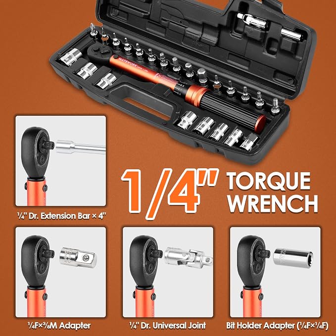 1/4 Inch Drive Click Torque Wrench, 27 PCS Bike Torque Wrench Set Double Scale (1-25Nm/8.9-221.3lb.in), 0.1Nm High Precision with Bit Sockets, 3/8 Adapter, Extension Bar, for Bicycle Maintenance