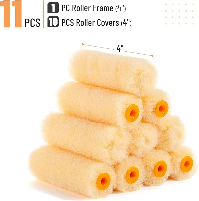 Bates- Paint Rollers, 4 inch Paint Roller with 10 Covers, Cream, Wall Painting Tool