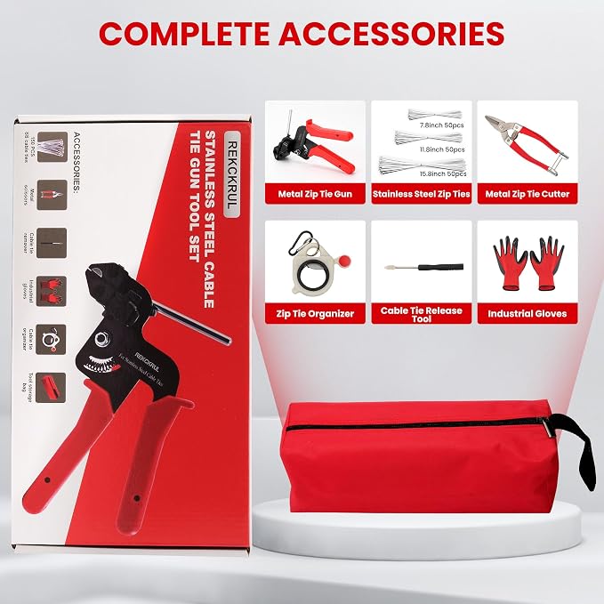 Stainless Steel Cable Tie Gun Set Metal Zip Tie Tool Kit (Red) | Heavy Duty, 150PCS Self-Locking Ties, Adjustable Fastening & Cutting Tool for Outdoor Fencing, Automotive, Exhaust Pipes