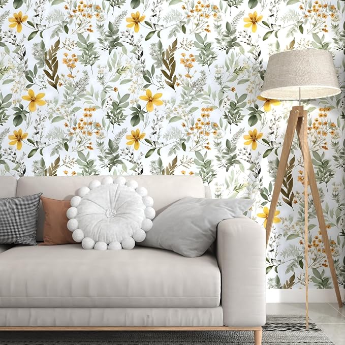 Laatse Green Leaf Wallpaper Peel and Stick, Vintage Yellow Floral Contact Paper 17.5" x 118", Self Adhesive Removable Waterproof Thick Vinyl Wall Paper for Bedroom Walls Shelf Cabinet Table Decor