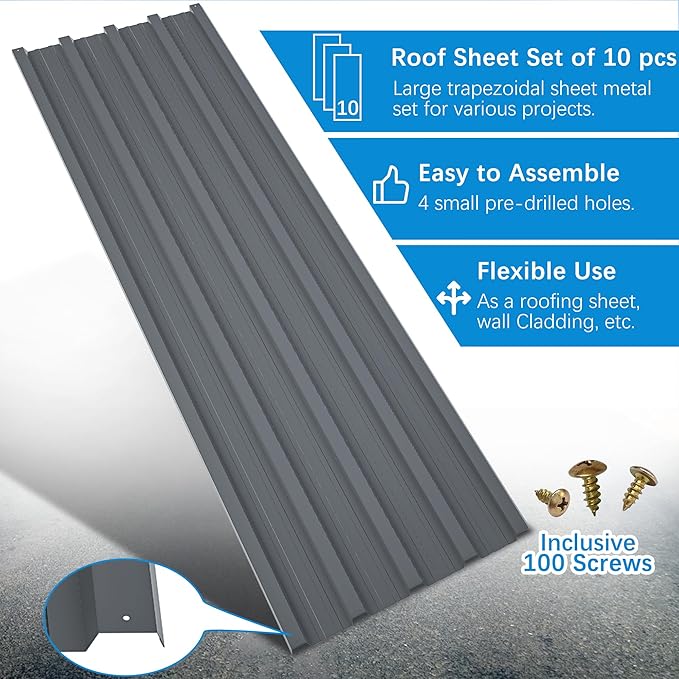 Roof Panels 10 pcs L60.63×W16.77 inch Galvanized Steel, Metal Corrugated Tin Roofing Panels Gazebo Top Cover Heavy Duty Roof Replacement for Patio Outdoor Garden, Grey