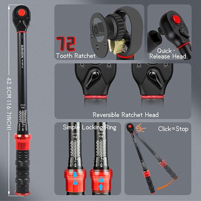 3/8-Inch Drive Torque Wrench 10-110ft.lb/13.56-149.14Nm | ±3% Precision Dual Direction Torque Wrenches with 72-Tooth Dual Range Scales with Ft.Lbs and N.m