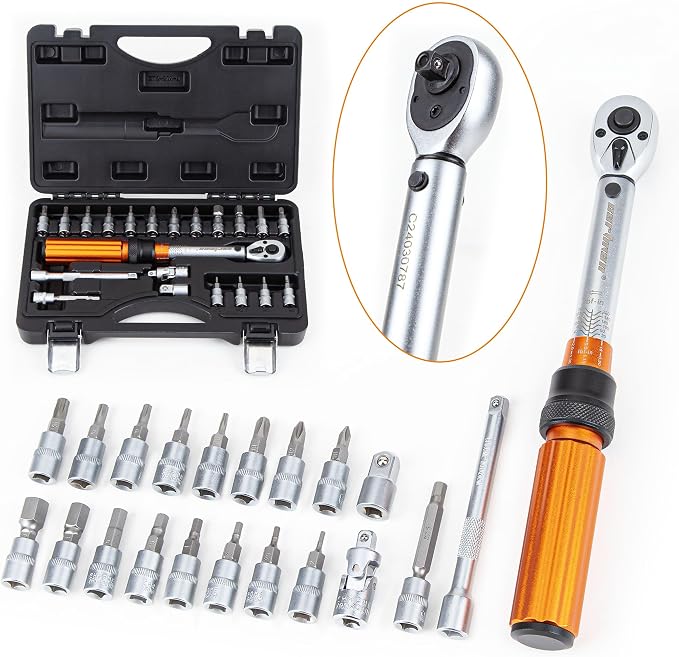 CARTMAN 1/4-Inch Drive Click Torque Wrench, Dual Range Bike Repair Tool Set | Dual range click torque wrench with quick release, reversible ratchet, calibrated accuracy for MTB, e-bike, and moto fix use.