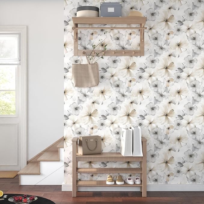 ILHIIOR Beige Floral Peel and Stick Wallpaper - Boho Vintage Leaf Pattern - Removable Self-Adhesive Wall Decor - 17.5''x118.1''