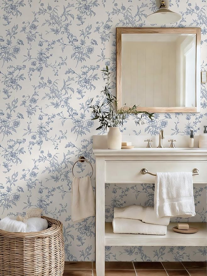 Ismoon Peel and Stick Wallpaper Floral Vintage Stick on Wall Paper Blue and White Contact Paper for Cabinet French Textured Removable Self Adhesive Wallpaper Vinyl for Bedroom Wall Deco 17.3 x 393in
