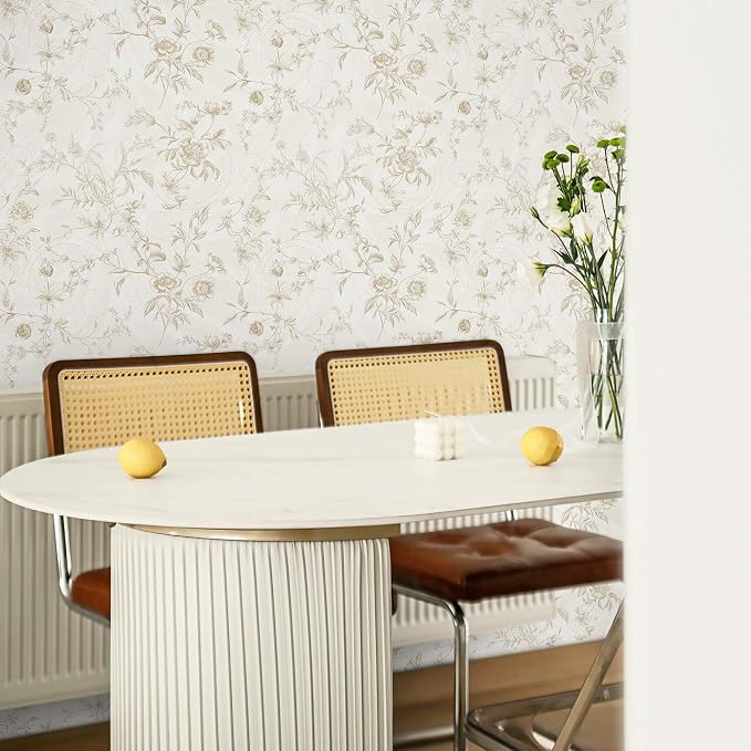 Ismoon Floral Wallpaper Peel and Stick Vintage Beige Stick on Wall Paper French Textured Contact Paper for Cabinet Removable Self Adhesive Wallpaper Vinyl Roll Shelf Deco, 17.3x196in