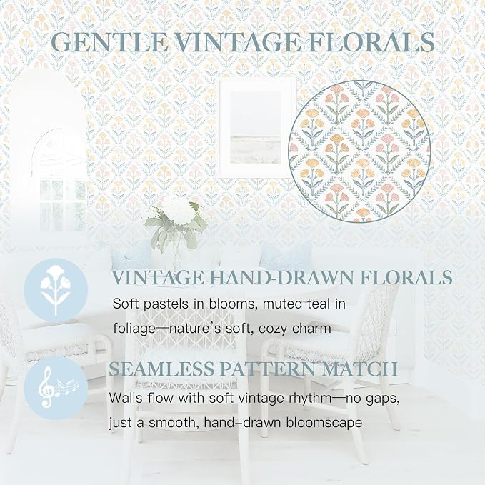 Dimoon 17.3''x78.7'' Peel and Stick Wallpaper Floral Boho Contact Paper Cute Vintage Village Wallpaper Farmhouse White Blue Renter Friendly Geometry Grid Waterproof Embossed Kitchen Bedroom Vinyl