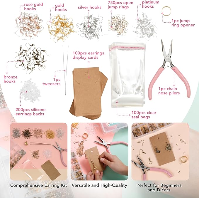 Incraftables 1150 Piece Jewelry Earring Kit – Hypoallergenic Gold & Silver Hooks, Posts, Hoops & Findings – 5 Color Variety for DIY Earrings & Crafting Supplies
