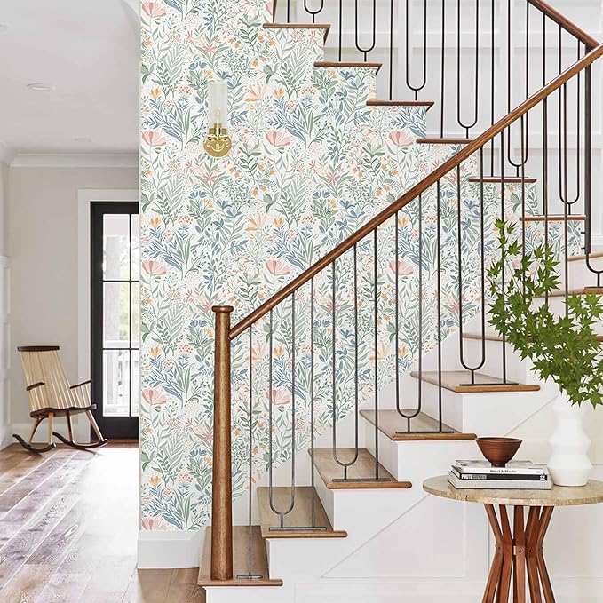 Fititem Floral Peel and Stick Wallpaper Boho Modern Wall Paper 17.3”×787” | Wildflower Self Adhesive Contact Paper for Cabinet Fun Nature Removable Waterproof Wallpaper for Bathroom Kids Bedroom Decor