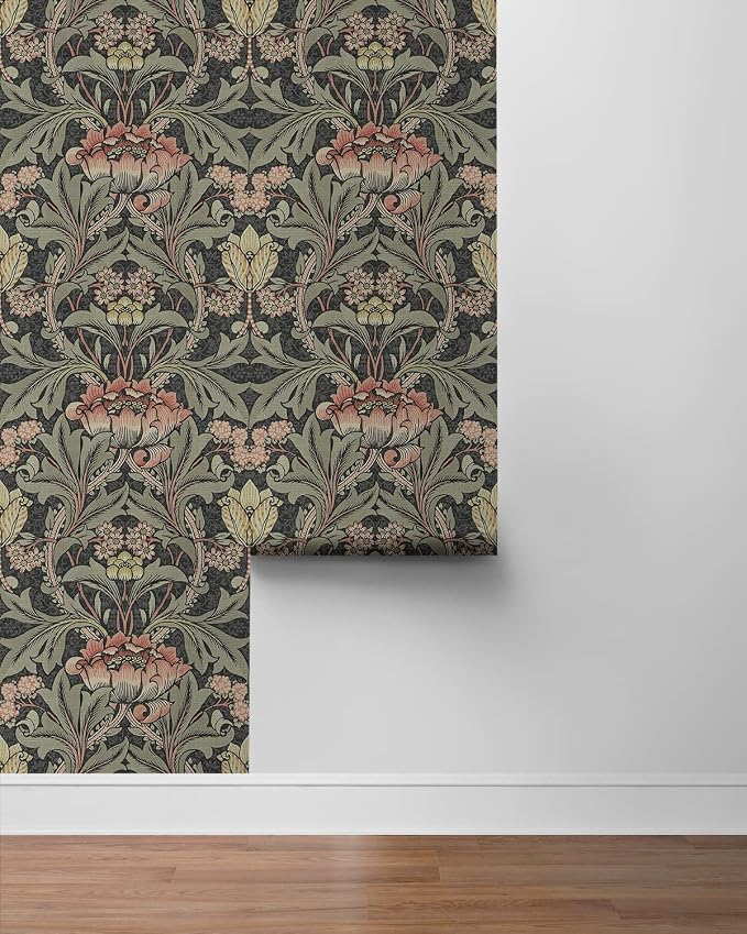 NextWall Acanthus Floral Peel and Stick Wallpaper (Charcoal & Rosewood)