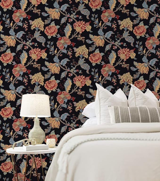 NextWall Kianna Jacobean Floral Peel and Stick Wallpaper (Ebony)