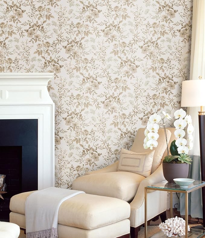 Erfoni 16.9" x197" Beige Floral Peel and Stick Wallpaper Boho Floral Leaf Contact Paper Boho Self Adhesive Wall Paper Flower DIY Removable Decoration Wallpaper for Livingroom Accent Wall Covering