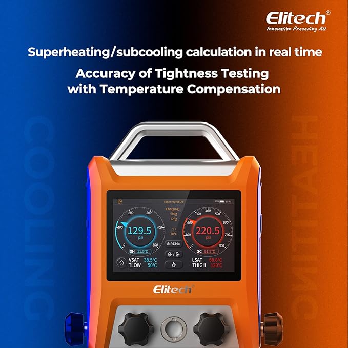 Elitech Digital Manifold Gauge HVAC 4 Valve Manifold Gauge with Hoses Vaccum Sensor Thermometer Clamps, EMG-40V