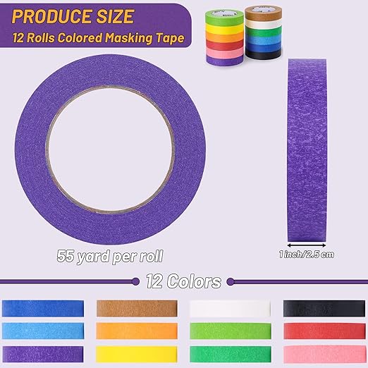 Oleitodh 12 Rolls Colored Masking Tape-1 inch x 660 Yards Painters Tape, Rainbow Colors Rolls Bulk Colorful Paper Marking Tape Decorative Arts Crafts Labeling DIY Home Office Supplies