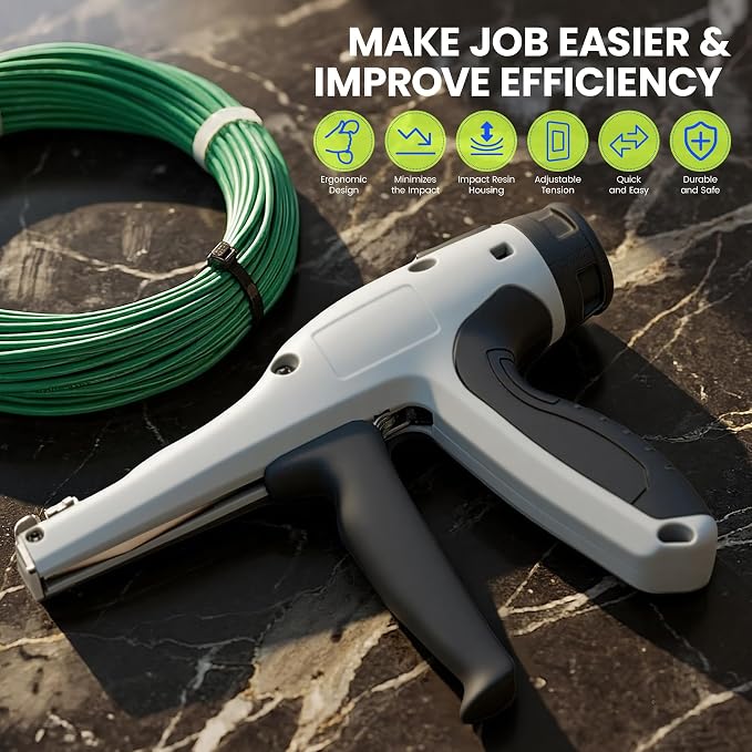 Low-Impact Cable Tie Gun for Plastic & Nylon Zip Tie, Replace Panduit GTS-E, Ergonomic Zip Tie Gun with Adjustable Tension, 16-Position Knob, Flush Cut, Low Handle Force, Fits 8-50 lb Cable Ties