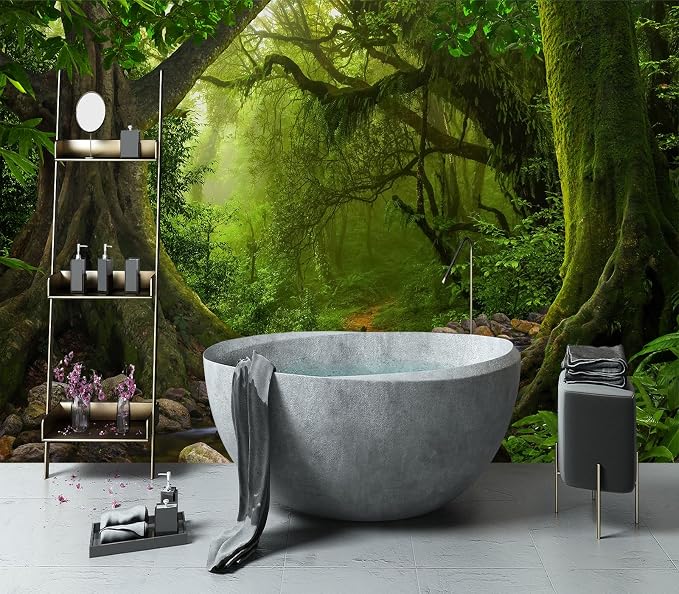 YIHWM-Peel and Stick Green Forest Wallpaper Landscapes Woodland Tree Mural | Tear-resistant,with a substantial feel;Will not be damaged during repositioning.Bathroom,Bedroom wallpaper.M-118"x85"
