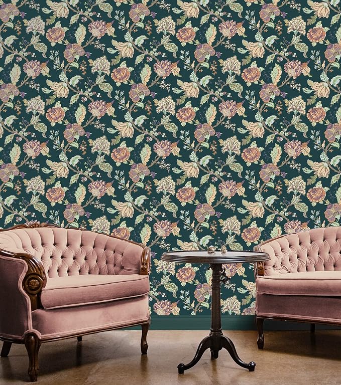 NextWall Kianna Jacobean Floral Peel and Stick Wallpaper (Victorian Jade)