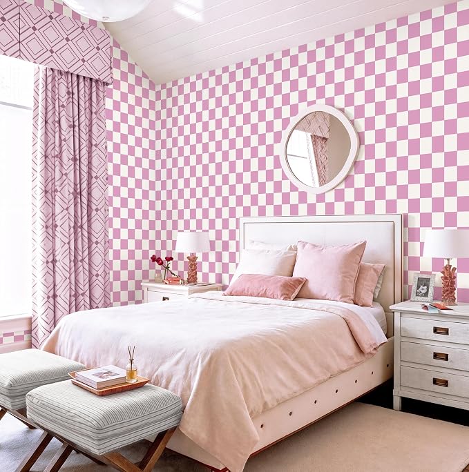 Yasinet Pink Peel and Stick Wallpaper Checkered Wallpaper Modern Pink and White Checkerboard Contact Paper Girl Bedroom Removable Self Adhesive Wall Paper Waterproof for Bathroom Vinyl 17.3" × 393.7“
