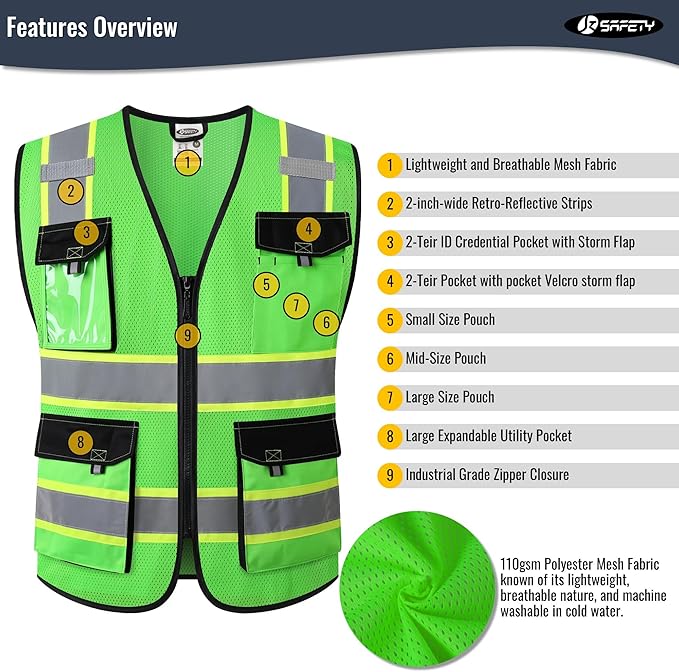 JKSafety Hi Vis Reflective Safety Vests for Men Women High Visibility Vest with Pockets Mesh Fabric Construction Safety Apparel Neon Vest for Work (220-Green S)