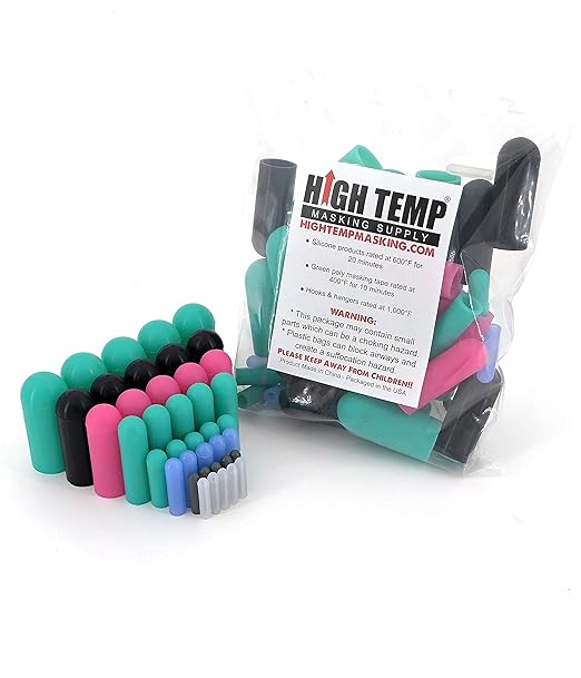 High Temp Masking Supply 40 Piece Silicone Rubber Cap Set - Sizes 3/32" to 3/4" - End Caps for Powder Coating, Painting, Ceramic Coating, Sealing Holes - Non-Toxic, Flexible, Reusable