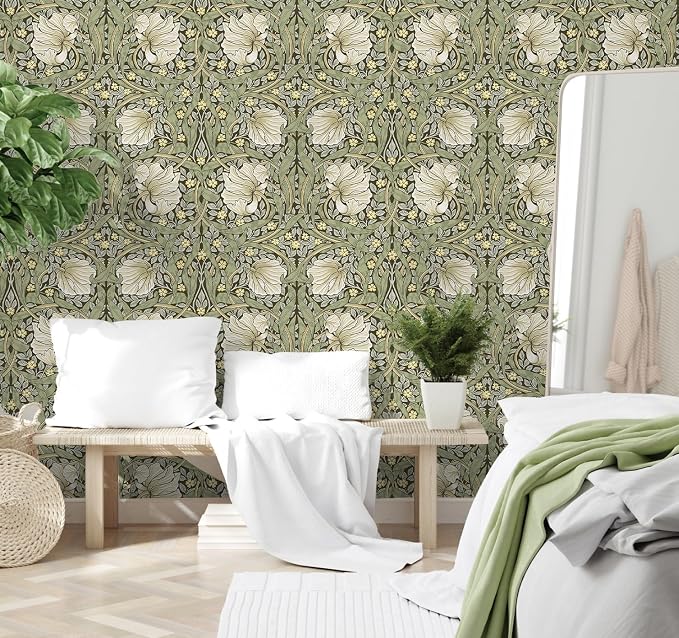 HAOKHOME Vintage Floral Wallpaper Peel and Stick Botanical Sage Green/Yellow Wall Murals Home Kitchen Bedroom Decor by William Morris 17.3in x 9.8ft
