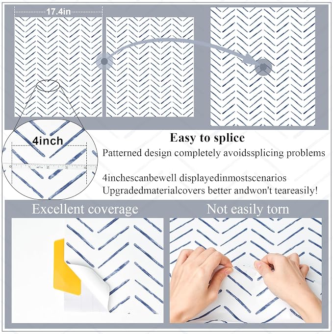 Rugreat Blue Herringbone Peel and Stick Wallpaper Modern 78.8inL17.3inW | Stripe Contact Paper for Cabinets Neutral Self Adhesive Removable Wallpaper for Bedroom Bathroom Waterproof Blue and White