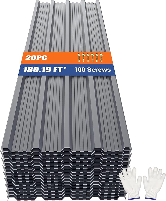 Brakki Metal Roofing Panels 20pcs 180.19 ft², 73.23"Lx17.72"W Grey Corrugated Galvanized Steel Roof Panels with Screw, Heavy Duty Metal Siding Suitable for Garages Chicken Coop Sheds Stables Patio