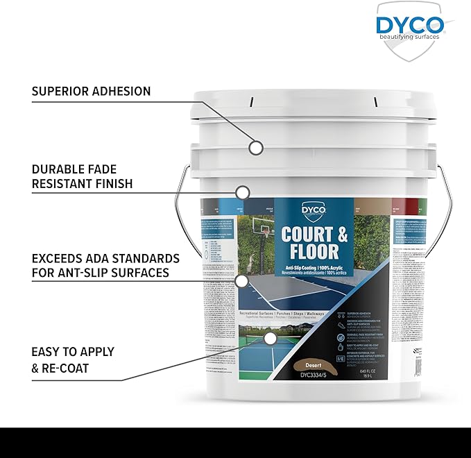 DYCO Court & Floor Anti-Slip Coating - Slip-Resistant Pavement, Cement & Concrete Paint for Pickleball, Tennis & Basketball Courts, Exceeds ADA Standards for Safety Areas (Desert, 5 Gallons)