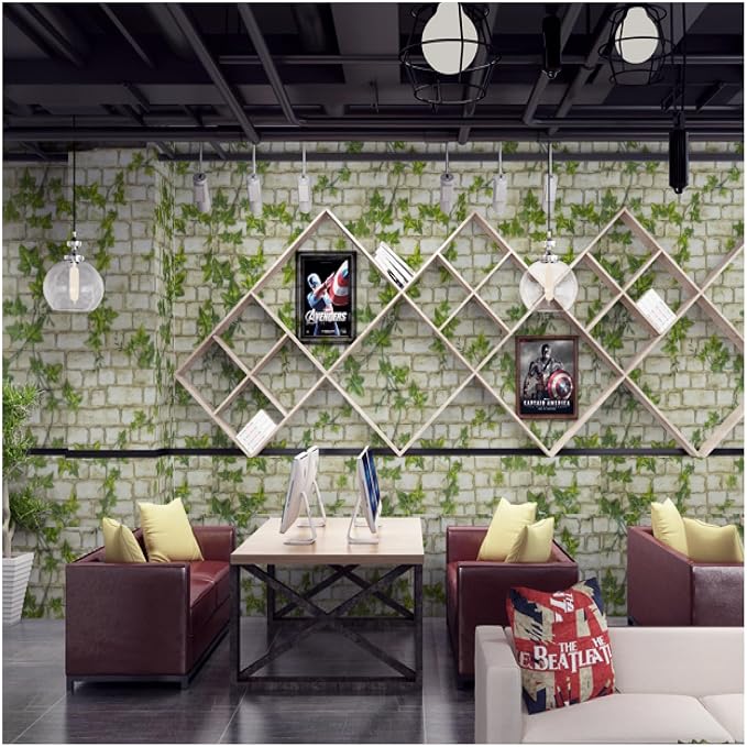 Peel and Stick Wallpaper Brick Wall Paper Green Leaves Brick 3D BrickStone Self Adhesive Removable Contact Paper Textured Vintage Wallpaper Decorative Wall Classroom Covering 23.6"x196"