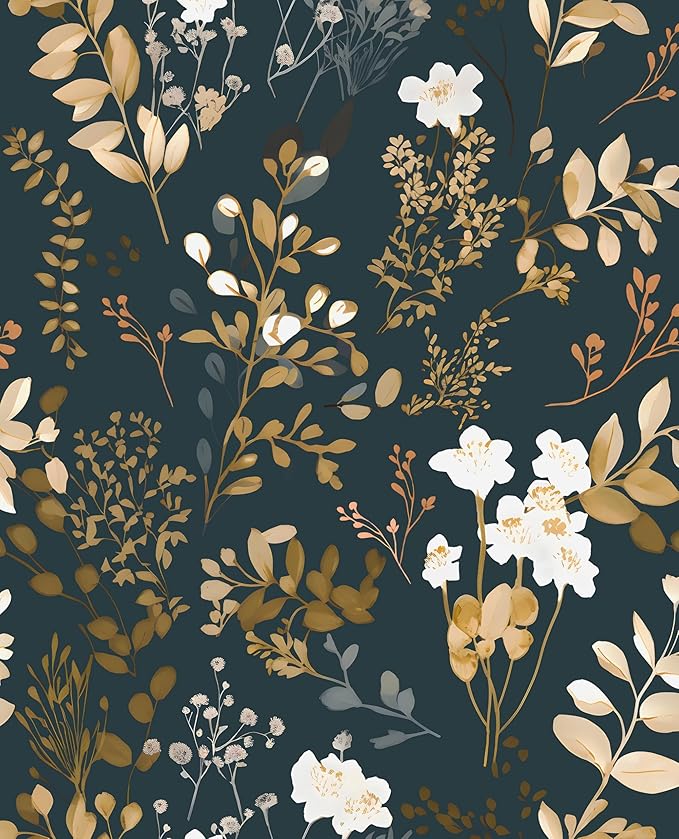Laatse Floral Wallpaper Peel and Stick Vintage Wallpaper Boho Navy Contact Paper Waterproof Self Adhesive Modern Gold Leaf Wall Paper for Cabinet Walls Kitchen 17.5in x 393in