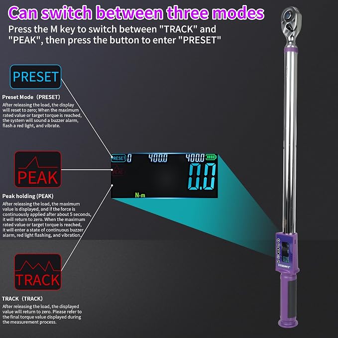 Digital Torque Wrench 1/2 Drive, (14.7-295 FT-LB/20-400N.M) ±2% High Accuracy Digital Torque Wrench, With Vibration, Buzzer and LED Alert