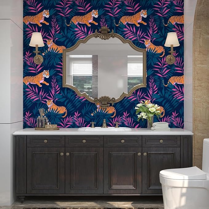 Dark Blue Vintage Tiger Peel and Stick Wallpaper 17.5" x 393" | Waterproof Vinyl Self Adhesive Removable Renter Friendly Floral Contact Paper