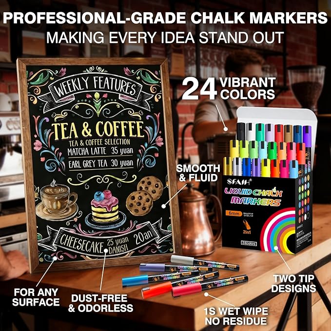 SFAIH 24 Vibrant Chalk Markers for Blackboard Glass [1s Wet Wipe, No Residue] 6mm Chalk Marker for Chalkboard Calendar, Graduation Car Window, Menus, Labels, Signs, Non-Toxic, Ideal for Bistro Home